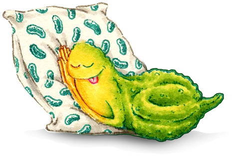 A small yellow-green creature sleeping on a pickle-print pillow