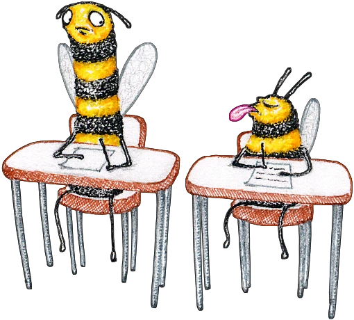 Long Bee sitting at a school desk, disproportionately tall
