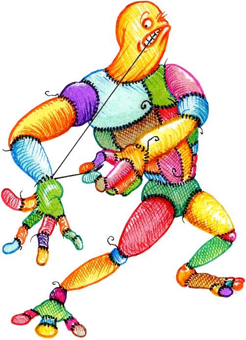 Sew Boy, a patchwork quilt character of many colors