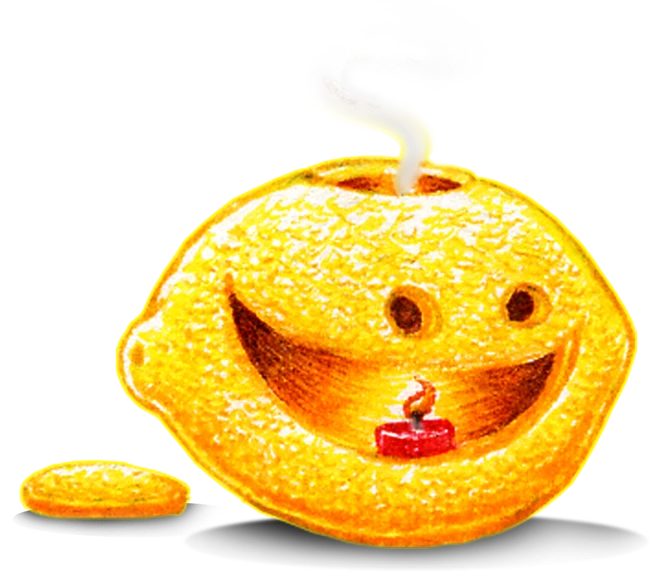 A carved lemon jack-o-lantern