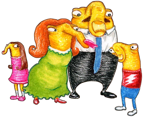 The Fingernose family pointing finger-noses and blaming each other