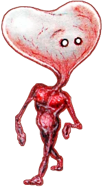 A heart character walking downtown on its own