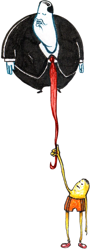 Business Man Balloon floating on a string, pointing at charts